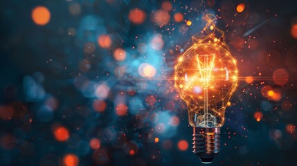 Poster - Bright light bulb symbolizing creativity and ideas with a bokeh background. Ideal for concepts of innovation, inspiration, and technological advancement.