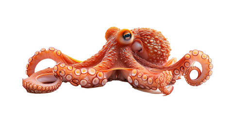 A large orange octopus with white spots is laying on its back