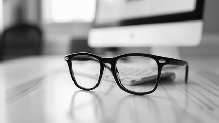 Aufkleber - Eyeglasses resting on a white desk next to a computer monitor in a modern office. Generative AI