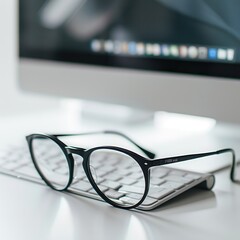 Aufkleber - Eyeglasses rest on a white keyboard in front of a blurry computer screen. Generative AI