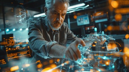 Aufkleber - Focused engineer working on a futuristic digital interface in a high-tech environment. Advanced technology and innovation.