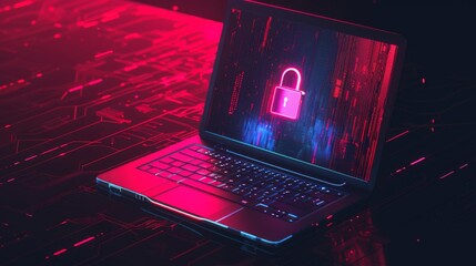 Aufkleber - Laptop with cyber security lock screen, neon lights, futuristic concept