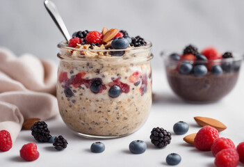 a bowl of overnight oats topped with fresh berries, chia seeds, and almond butter on a white backgro