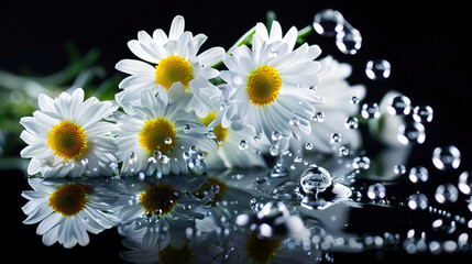 close-up shot of Chamomile with water drips on a black background