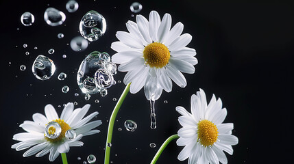 close-up shot of Chamomile with water drips on a black background