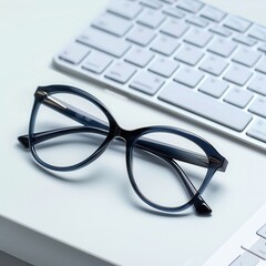 Aufkleber - Blue-rimmed eyeglasses rest on a clean, white keyboard. Generative AI