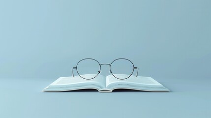 Aufkleber - Round eyeglasses rest on an open book against a pale blue background. Generative AI