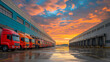 © ImageFlow - Fleet of trucks near a warehouse at sunset.
