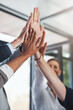 © Hira/peopleimages.com - Closeup, high five or hands of business people for winning, support or meeting for corporate goals. Mission, group or partnership with success for teamwork, target or staff synergy for motivation