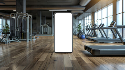 Poster - Smartphone with blank screen in modern gym interior. Ai generative.
