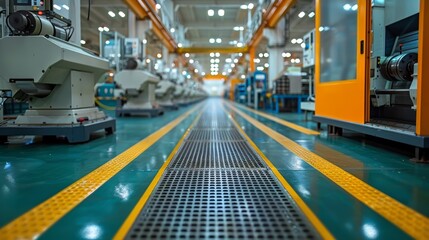 Factory Floor With Yellow Lines and Industrial Machinery