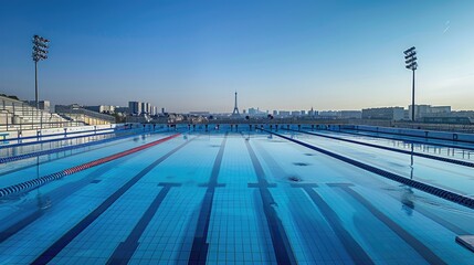 Wall Mural - Empty swimming pool prepared for Olympic events with Paris skyline in the background.