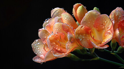 close-up shot of freesia with water drips on a black background