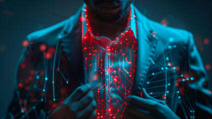 Poster - Businessman with glowing digital network on suit in dark background.