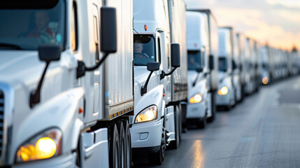 row of white semi-trucks driving on a highway at dusk.