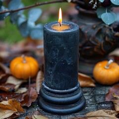 Wall Mural - A lit black candle surrounded by fallen leaves and mini pumpkins, evoking a cozy autumnal atmosphere.