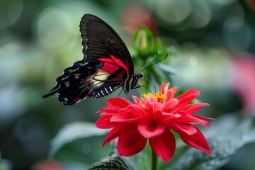 Wall Mural - Exotic butterfly with black and red wings perched on a red flower drinking nectar