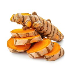 Whole and Sliced Turmeric Root on White Background