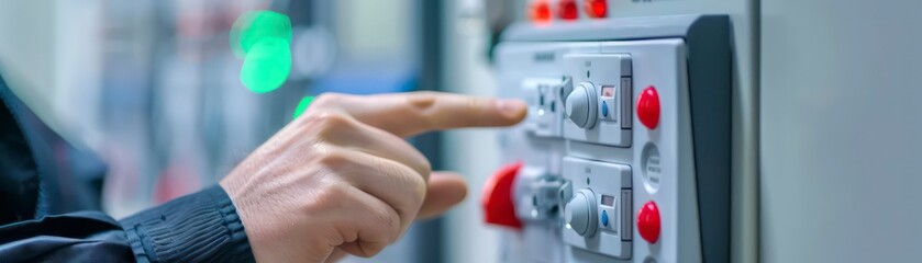 technology-focused illustration of an electrical control panel with switches, cables, and power equipment, showcasing industry connections and control mechanisms