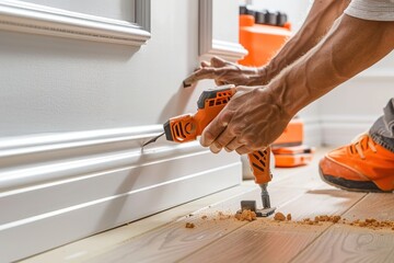 A carpenter carefully installing decorative moldings around a door frame in a modern home.