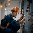 © Viktoria Kovalchuk - Electrician wearing safety gear working on a circuit panel with cables and connections in a building