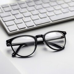 Aufkleber - A pair of black eyeglasses lie on a white desk surface. The glasses are positioned near a computer keyboard, which is out of focus. Generative AI