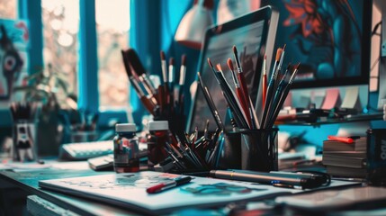 Fototapete - Variety of artist's tools are laying on a desk in front of a computer, showing the creative process
