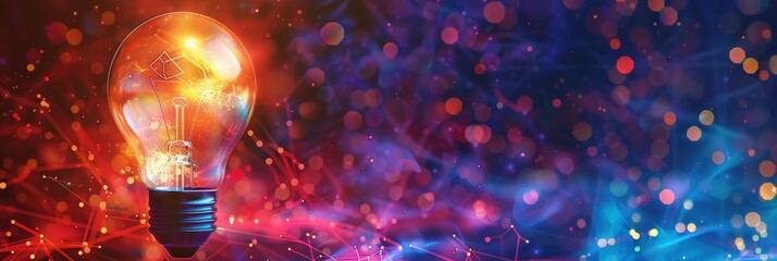 Poster - Close-up of an abstract light bulb with swirling colors and light trails. Creativity and innovation concept.