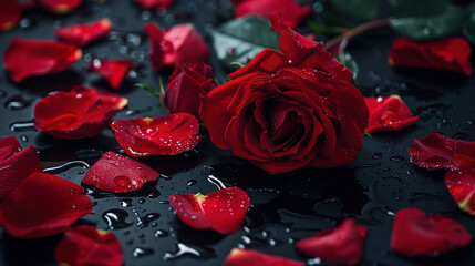 close-up shot of rose with water drips on a black background