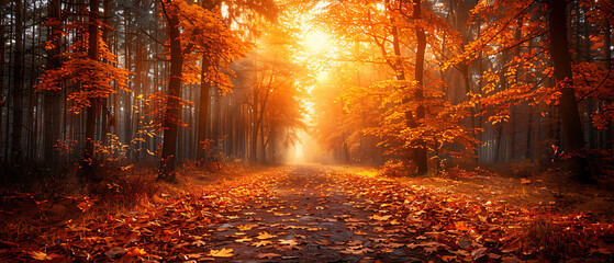 scenic autumn forest with golden leaves, a sunlit pathway, and a tranquil atmosphere capturing the e