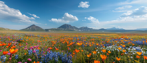 vibrant wildflower meadow with colorful blossoms under a bright blue sky and scattered clouds, surro
