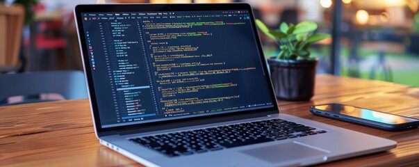 close-up of a laptop with code on the screen, symbolizing software development