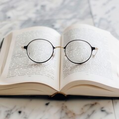 Fototapete - A pair of eyeglasses rests on an open book with white pages and black text, against a white marble background. Generative AI