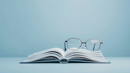 Aufkleber - An open book with eyeglasses resting on top of it sits on a light blue background. Generative AI