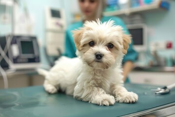 Wall Mural - adorable puppy receiving checkup at modern veterinary clinic gentle vet examining fluffy patient on examination table surrounded by medical equipment