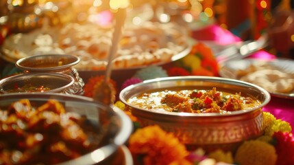 Aromatic indian dishes are served in copper bowls with naan bread during the diwali festival of lights