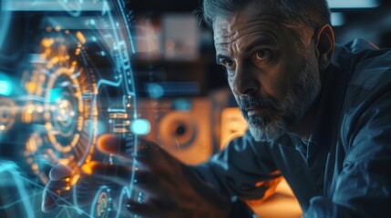 Poster - Focused engineer interacting with a futuristic digital interface in a high-tech industrial environment. Innovation and advanced technology in engineering.