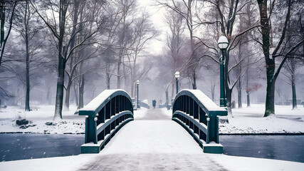 Snow falling in park and a walking bridge in winter, Winter landscape, photo generative AI 