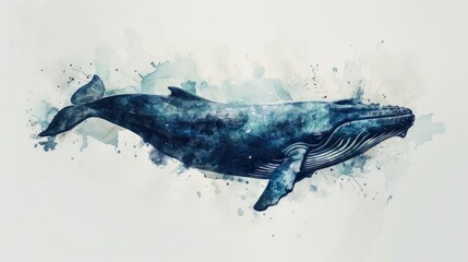 Wall Mural - Whimsical watercolor illustration of a humpback whale in motion, perfect for use in educational materials or as a decorative piece