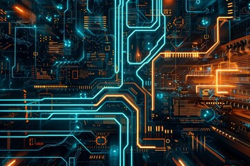 Poster - A computer circuit board with neon lights glowing brightly in various colors, showcasing the intricate wiring and electronic components, Futuristic abstract circuit board design, AI Generated