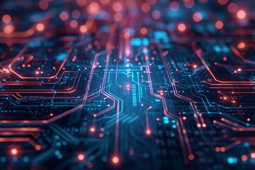 Poster - This photo shows a detailed view of the intricate circuitry and components of a computer circuit board, Futuristic abstract circuit board design, AI Generated
