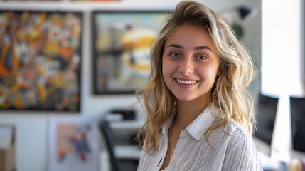 Poster - Confident and Creative: A young, blonde woman with a bright smile looks directly at the camera, showcasing a confident and creative spirit in her professional environment. 