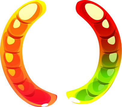 Cartoon round brackets jelly worm candy and confectionery alphabet, sweets typeface, font, type. Isolated vector pair of parentheses punctuation typography symbol as jellybean earthworms