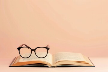 Aufkleber - An open book with eyeglasses resting on top, set against a minimalist peach-colored background. Generative AI