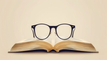 Fototapete - A pair of eyeglasses rests on top of an open book, lying flat on a minimalist, light-colored background. Generative AI