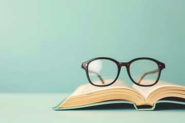 Fototapete - Black rimmed eyeglasses rest on an open book against a pale blue background. Generative AI