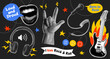 © v.iraa - Trendy grunge set with collage elements and phrases on the theme of rock music in retro style. Electric guitar, microphone, hand, headphones and lips isolated on black background.