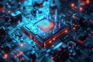 Poster - A computer circuit board illuminated by red and blue lights, showcasing the advanced technology and intricate design, Futuristic, minimalistic depiction of quantum computing, AI Generated