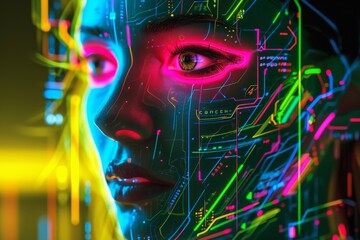 Aufkleber - A photograph capturing a womans face adorned with vivid neon lines, creating a striking and vibrant visual effect, Futuristic portrait of an AI server painted in neon colors, AI Generated