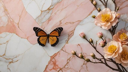 Wall Mural - Light pink marble wallpaper with yellow and pink flowers, butterflies, and brown branches